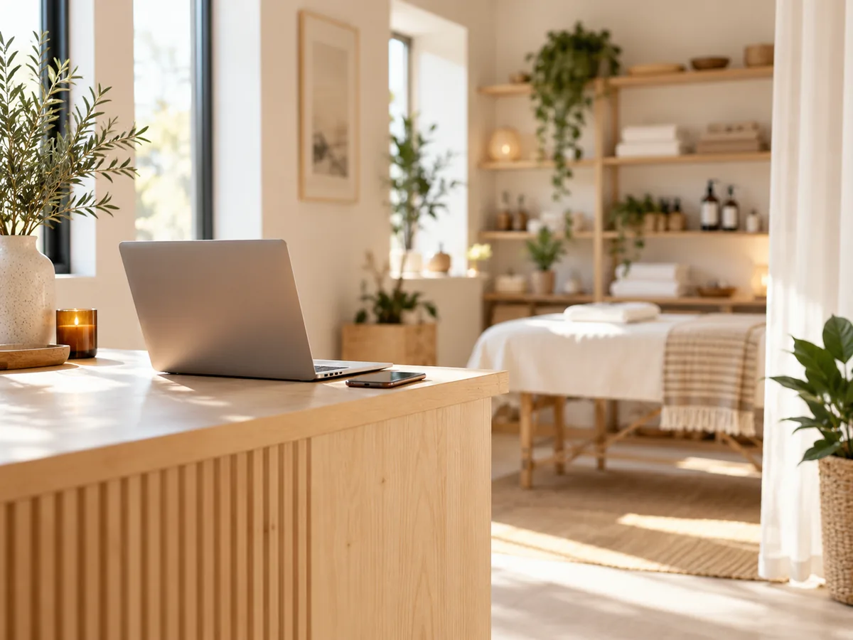 A small-business owner at a counter using NextiaBusiness on a laptop and phone