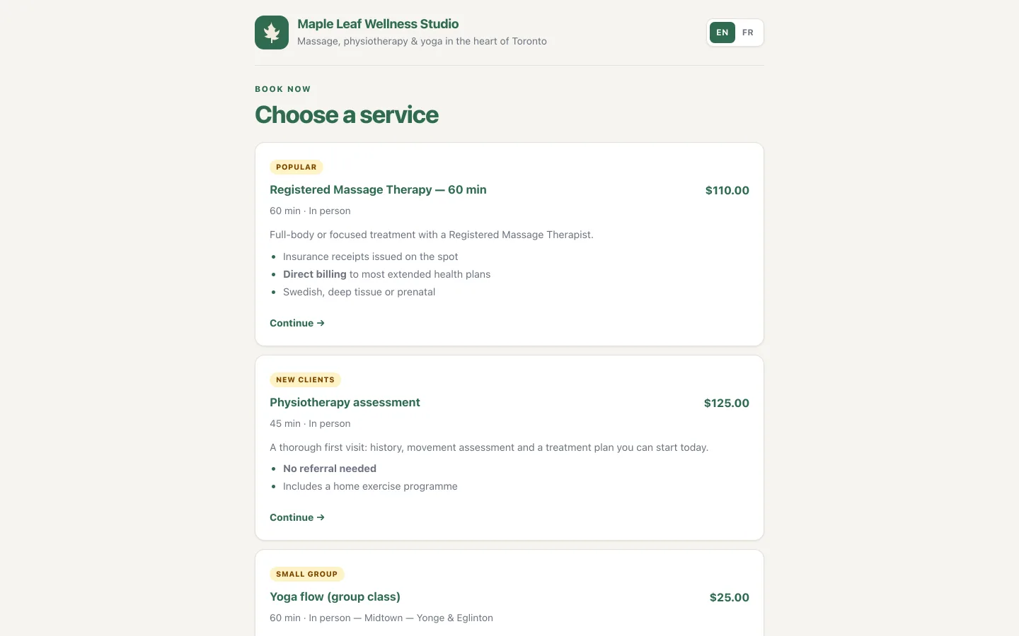 NextiaBooking public booking page with services and available times