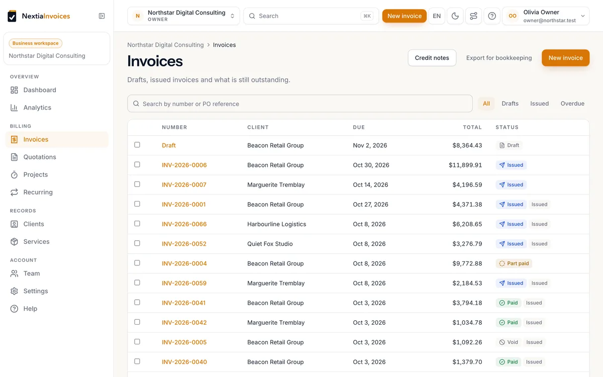 NextiaInvoices invoice list with draft, issued, part-paid and paid statuses