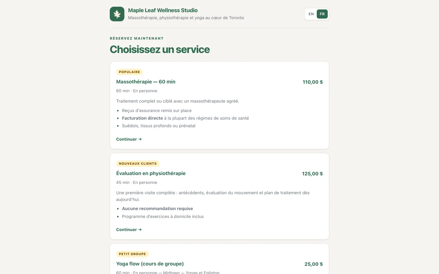 Page de réservation publique NextiaBooking avec services et heures disponibles