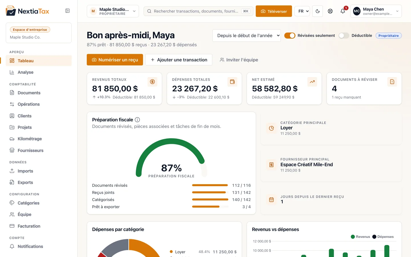 Tableau de bord NextiaTax avec revenus totaux, dépenses, net estimé et préparation fiscale